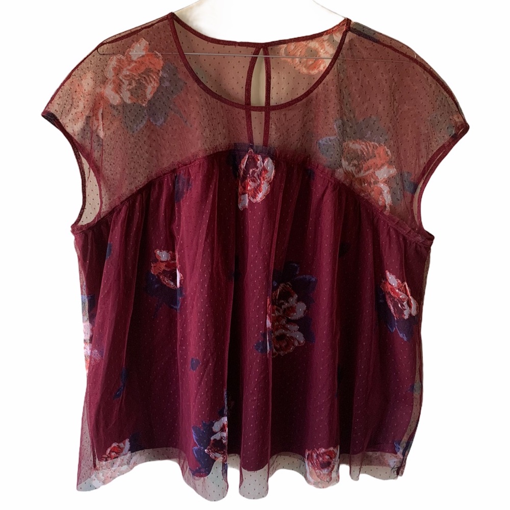 Maurices | Maroon Tulle Floral Sleeveless Top | 3